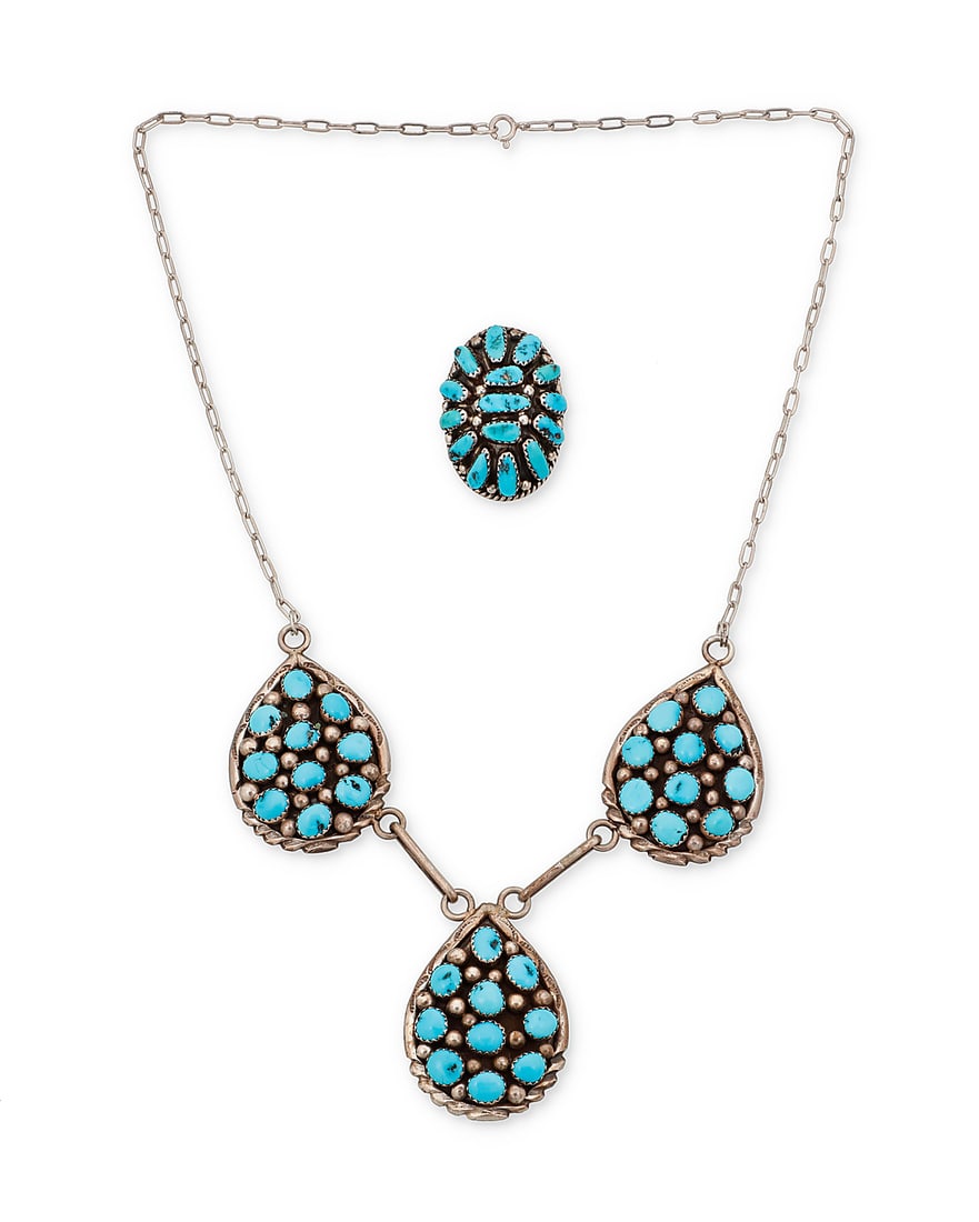 A group of Southwest sterling silver and cluster set turquoise jewelry: A group of Southwest sterling silver and cluster set turquoise jewelry Late 20th century Each stamped: Sterling; Further stamped: necklace: M [possibly Melissa Yazzie, Navajo/Dine]; ring: NJ [conjoine