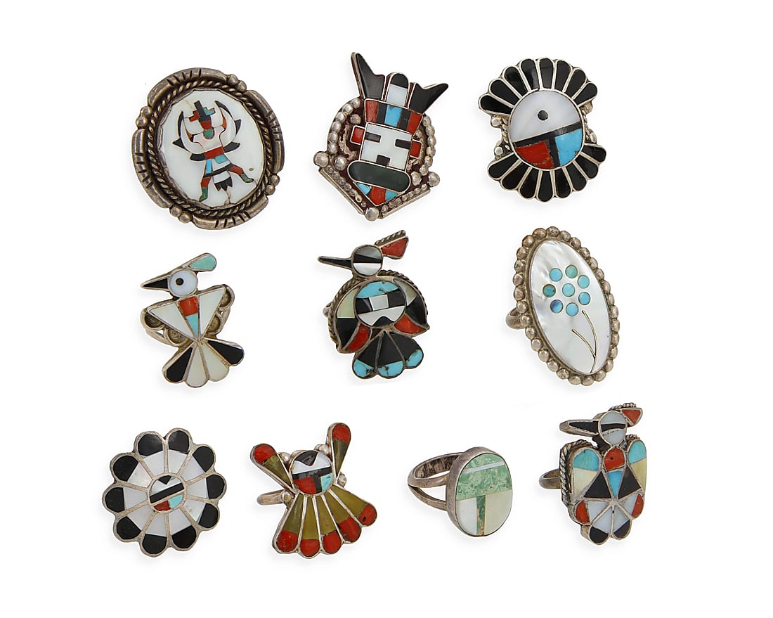 A group of Zuni Pueblo style silver and stone inlay rings (1 of 1)