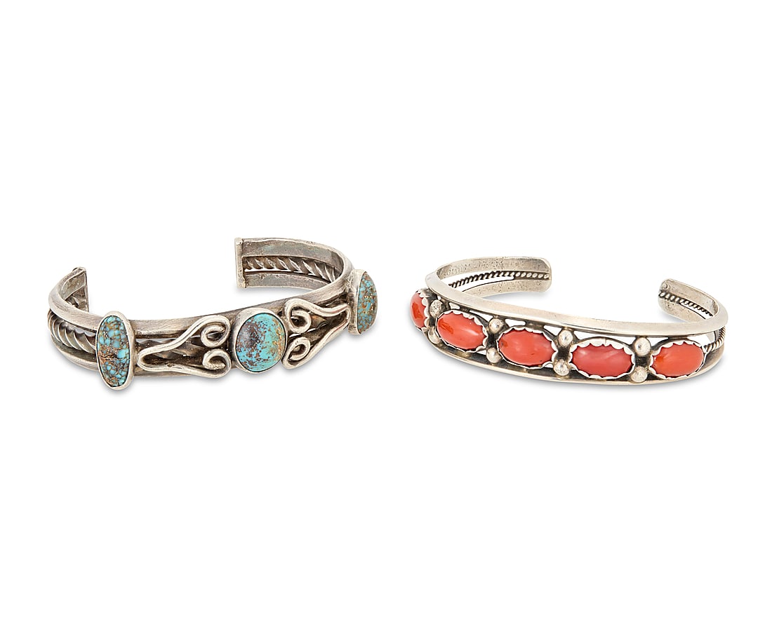 A group of Southwest sterling silver and set stone cuff bracelets (1 of 4)