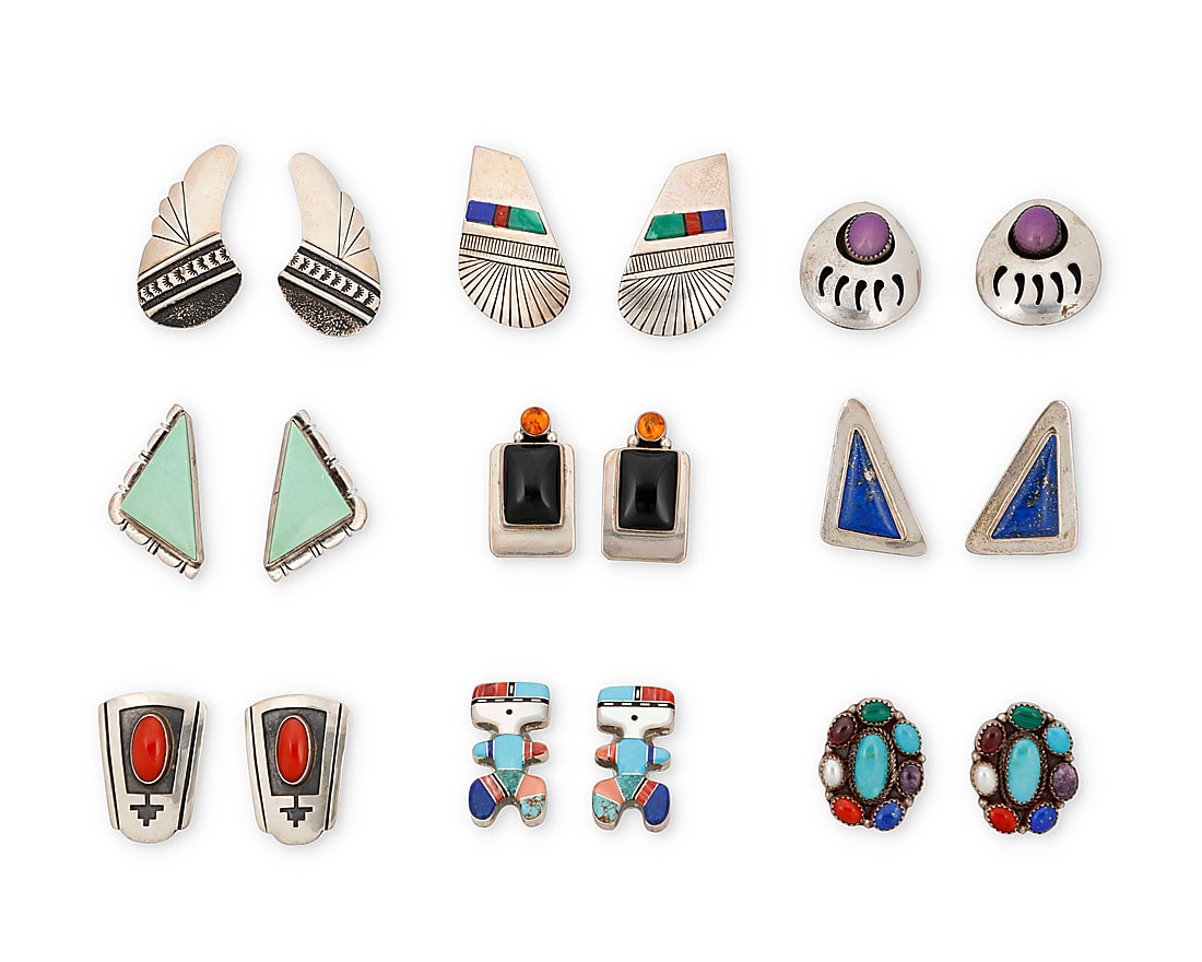 A group of Southwest silver and set stone earrings (1 of 2)