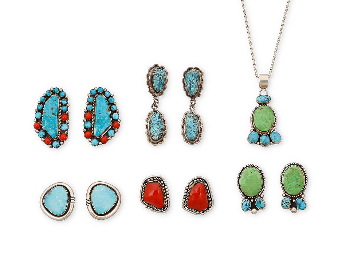 A group of Navajo sterling silver and set stone jewelry: A group of Navajo sterling silver and set stone jewelry Late 20th/21st century Six works: Esther Wood (b. 1946, Dine) A group of Navajo sterling silver and set stone jewelry Each with etched signature