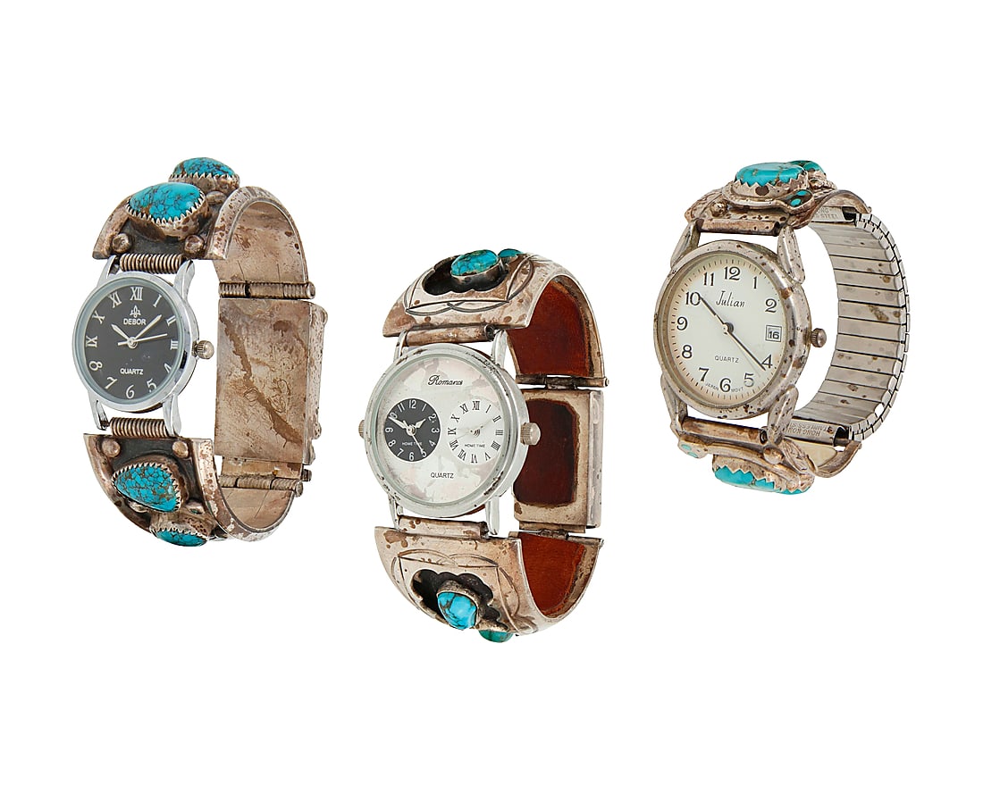 A group of Southwest silver and stone set watch bands with watches: A group of Southwest silver and stone set watch bands with watches Mid/late 20th century The silver ends variously marked: Effie C. / Zuni Comprising three silver and set stone two-piece watch band en