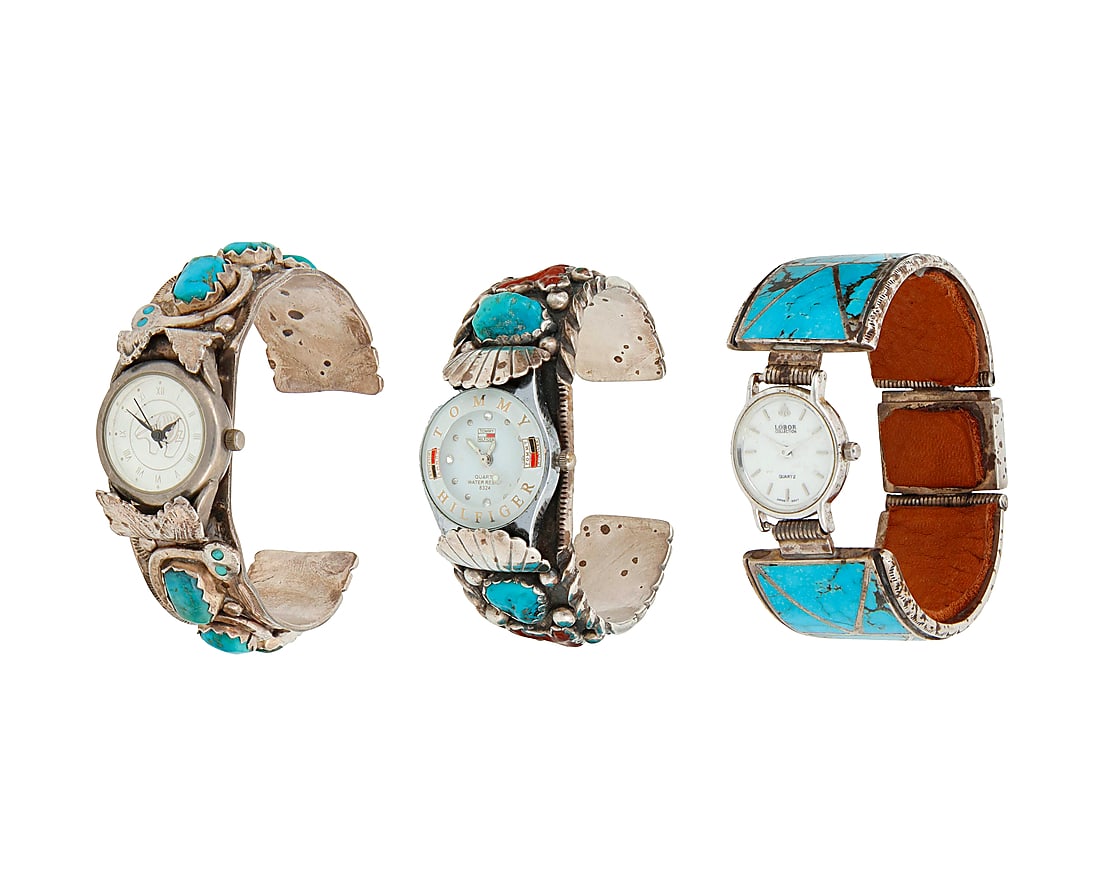 A group of Southwest silver and stone set watch bands & cuffs: A group of Southwest silver and stone set watch bands & cuffs Mid/late 20th century Variously marked: Effie C / Zuni Three works comprising two watch cuffs and one watch band, including an Effie Calav