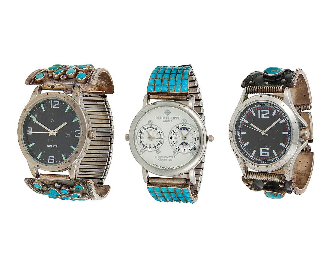 A group of Southwest silver and stone set watch bands with watches: A group of Southwest silver and stone set watch bands with watches Mid/late 20th century The silver ends variously marked: V.M.B. / L [within C] Comprising three silver and set stone two-piece watch b