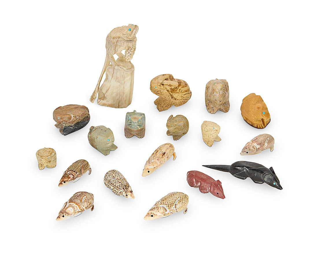 A large group of Zuni carved mouse fetishes: A large group of Zuni carved mouse fetishes Mid/late 20th century, mostly Zuni Pueblo One with incised signature and inscription: Alvert LAMY / ZUNI / NM From artists including Alvert Lamy, Roy Davis,