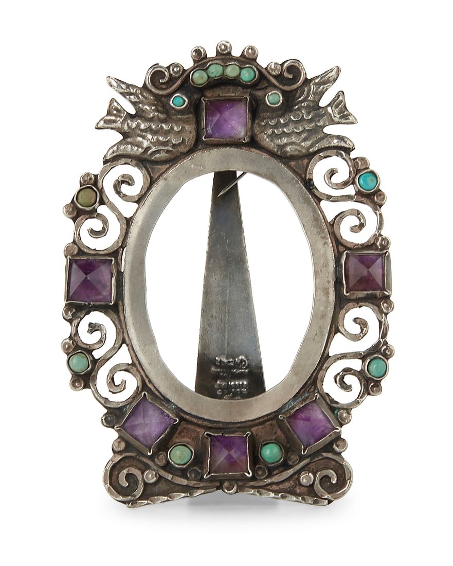 Gustavo Martinez (b. 20th Century, Mexican): Gustavo Martinez (b. 20th Century, Mexican) A Mexican sterling silver frame with set gemstones Mid/late 20th century, Mexico Stamped to stand: GM 0.925 / Hecho en Mexico / COY D. F. Sterling / Mexico