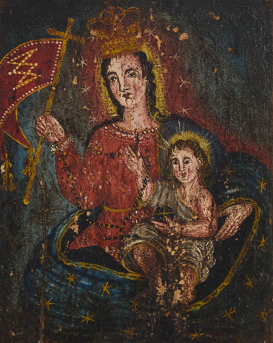 Late 19th/Early 20th Century Mexican Retablo: Late 19th/Early 20th Century Mexican Retablo Madonna and Child Oil on carved panel Unsigned Image: 9.75" H x 7.5" W; Panel: 14.5" H x 11" W (irreg.)