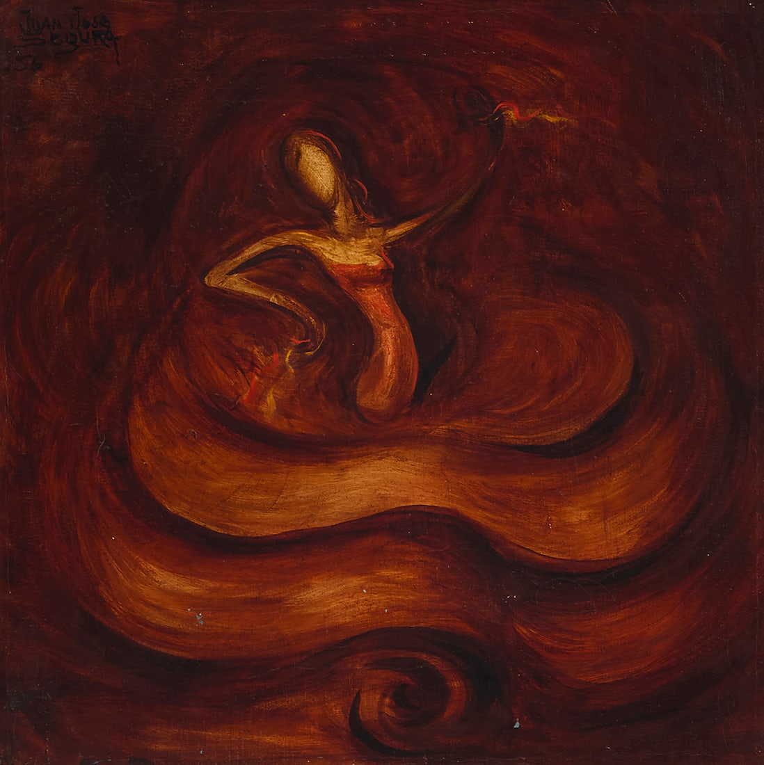 Juan Jose Segura (1901-1964, Mexican), "Sevillana," 1951/1956: Juan Jose Segura (1901-1964, Mexican) "Sevillana," 1951/1956 Oil on canvas Signed, titled, and dated upper left: Juan Jose / Segura / .56; signed again, titled, alternatively dated, and inscribed