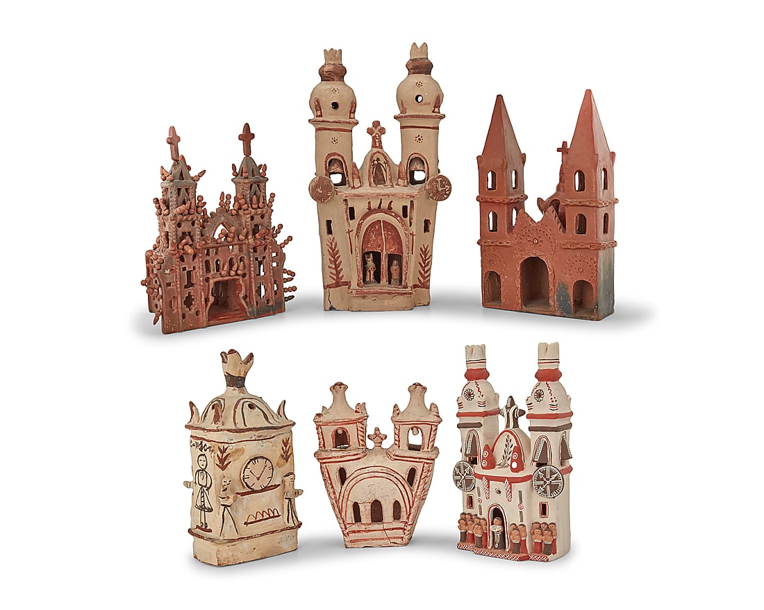 Six Mexican pottery churches: Six Mexican pottery churches 20th century Each unmarked Comprising two redware and four with red accents on white slip ground 6 pieces Tallest: 16.5" H x 8.5" W x 7.25" D; Shortest: 8.25" H x 6.25" W 