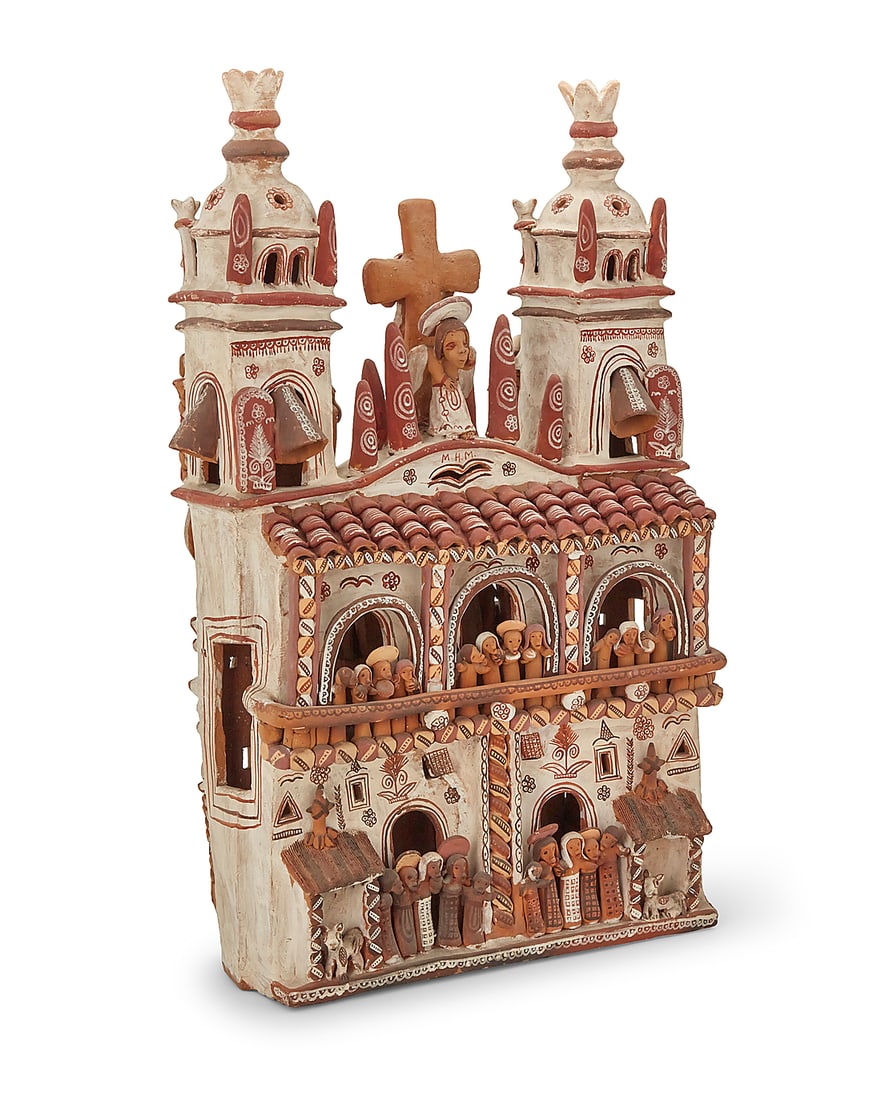 A Central American folk art polychrome pottery church: A Central American folk art polychrome pottery church 20th century Inscribed to one side: M. H. M. The double-sided model with many figures, porticos, and two belltowers flanking a central crucifix to