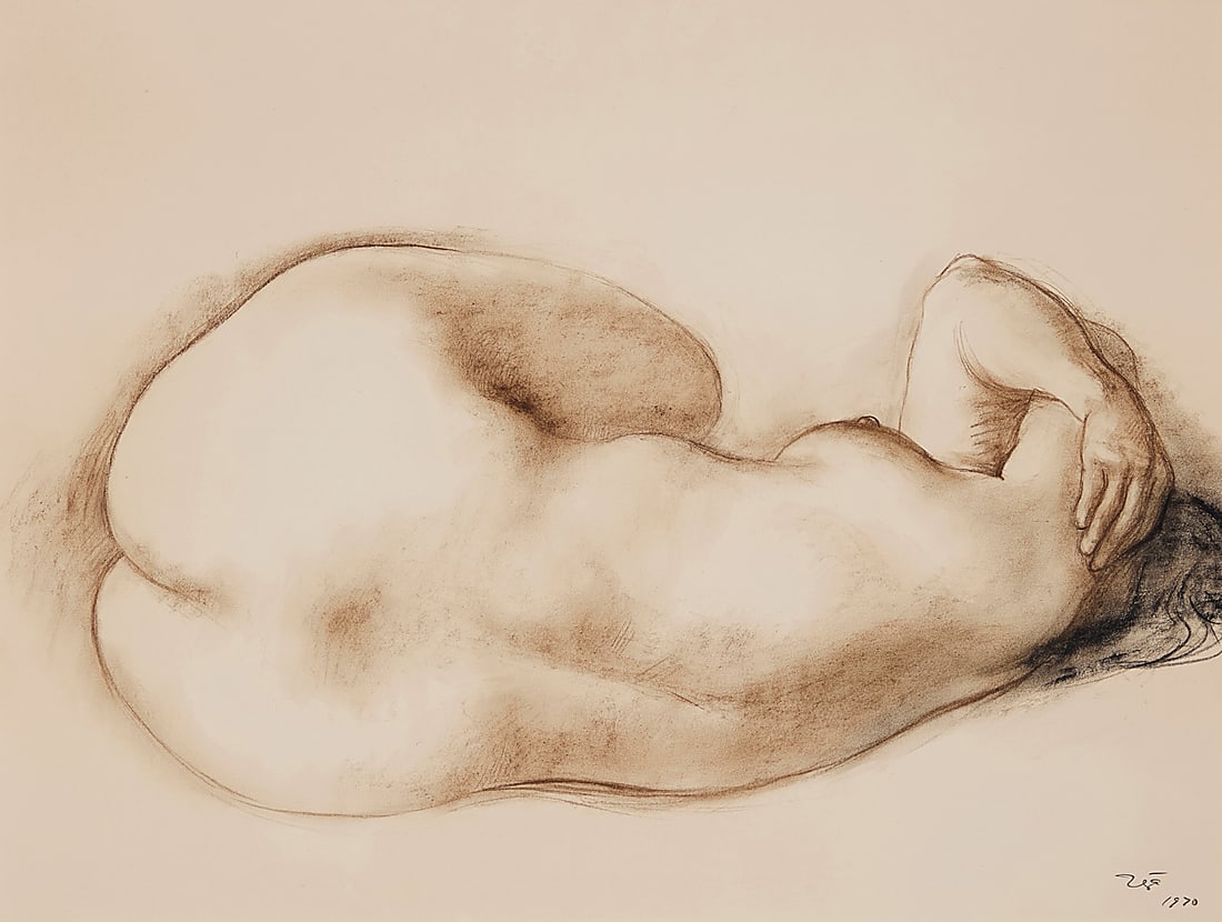 Francisco Zuniga (1912-1998, Mexican), "Desnudo Recostado," 1970: Francisco Zuniga (1912-1998, Mexican) "Desnudo Recostado," 1970 Sepia and black conte crayon on paper Signed and dated lower right: Zga / 1970; titled, dated, and inscribed in pencil, all verso: "past