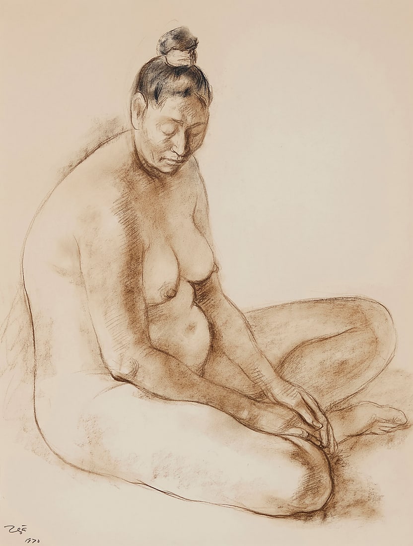 Francisco Zuniga (1912-1998, Mexican), "Desnudo Sentado," 1970: Francisco Zuniga (1912-1998, Mexican) "Desnudo Sentado," 1970 Sepia conte crayon on white paper Signed and dated lower left: Zga / 1970; titled, dated, and inscribed in pencil, all verso: "Pastel sepi