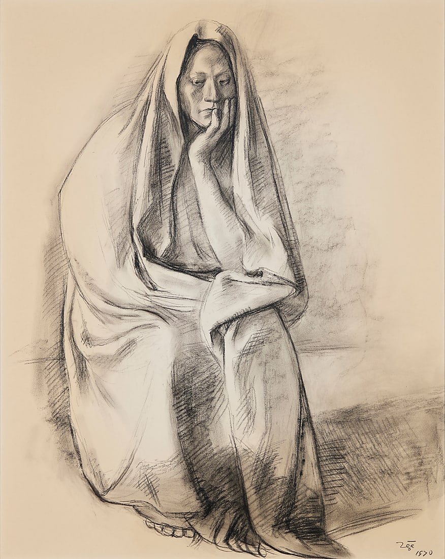Francisco Zuniga (1912-1998, Mexican), "Mujer con Rebozo," 1970: Francisco Zuniga (1912-1998, Mexican) "Mujer con Rebozo," 1970 Charcoal on paper Signed and dated lower right: Zga / 1970 Image/Sheet: 25.75" H x 19.75" W Provenance: The artist Galeria 33,