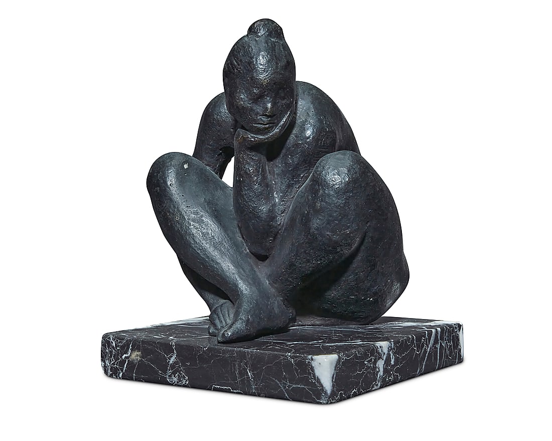 Francisco Zuniga (1912-1998, Mexican), Crouching Female, 1969: Francisco Zuniga (1912-1998, Mexican) Crouching Female, 1969 Patinated bronze on marble plinth Unnumbered Signed and dated on the back of the figure's right hip: ZUNIGA / 1969; Weintraub Gallery label