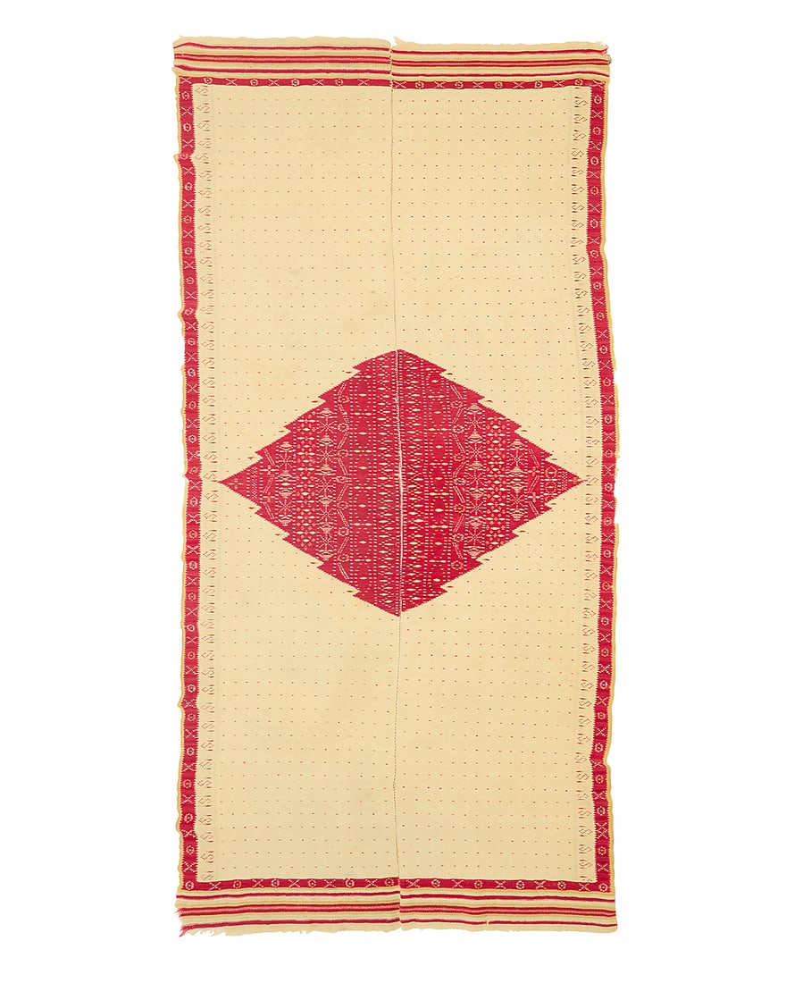 A Mexican Late Classic Period Saltillo sarape: A Mexican Late Classic Period Saltillo sarape Circa 1840-1860 Woven in cream, vegetal yellow, and cochineal red hand-spun wool in two panels seamed down the middle, with a large serrated red diamond t