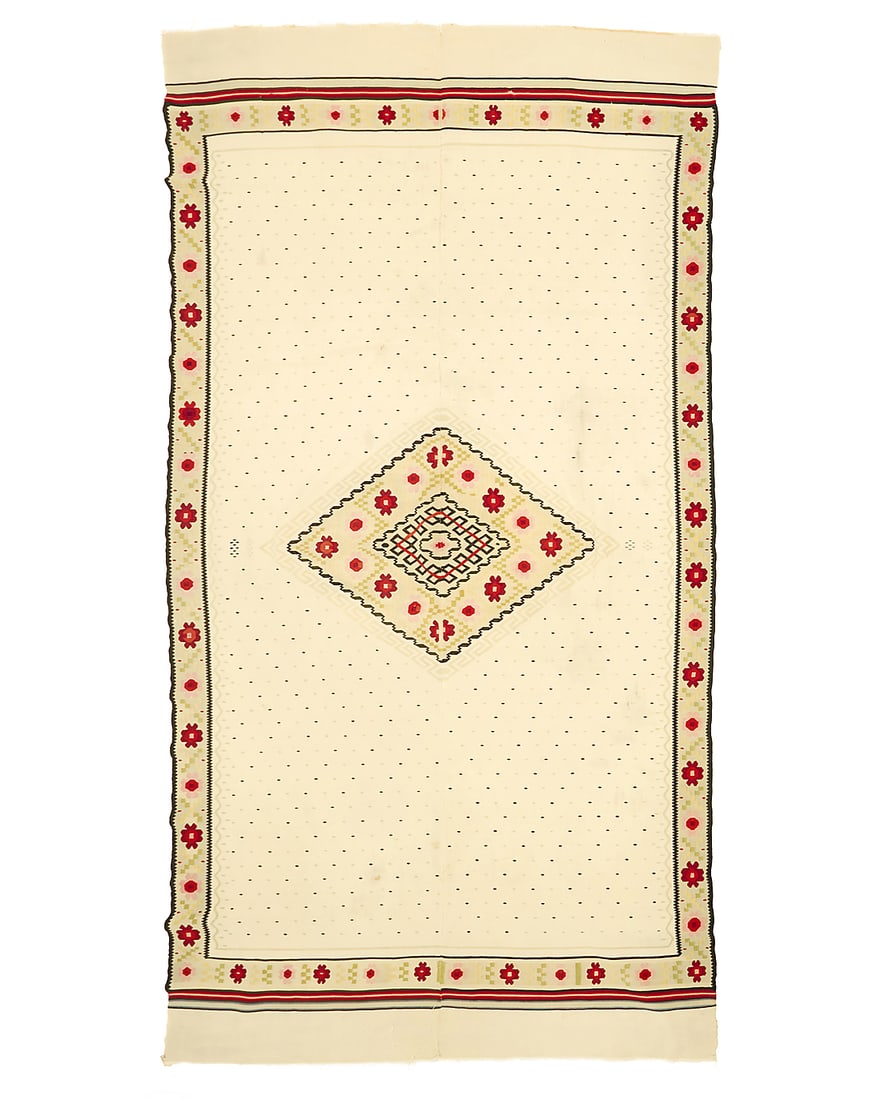 A Mexican Maximilian Period sarape: A Mexican Maximilian Period sarape Circa 1862-1865 Woven in white and multicolored floss wool in two panels seamed down the middle, with a central floral diamond medallion and a floral border, the fie