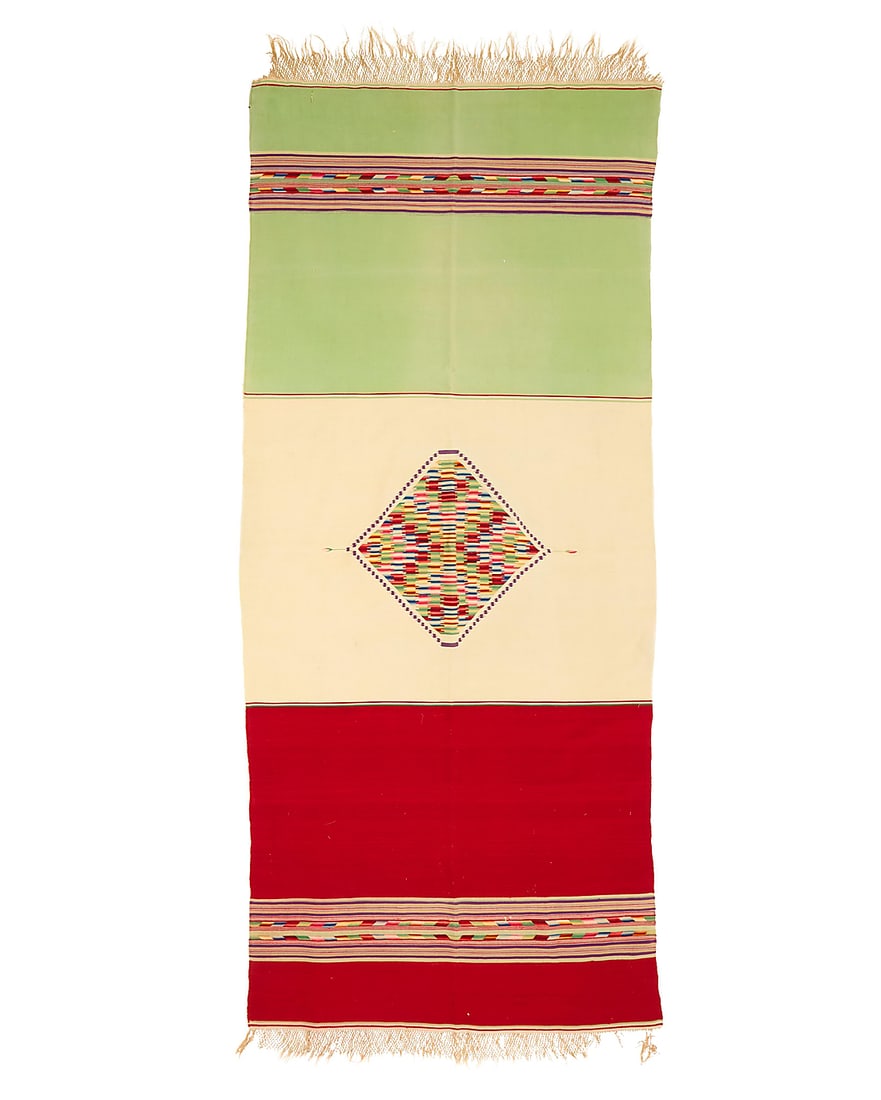 A Mexican Late Maximilian Period Bandera sarape: A Mexican Late Maximilian Period Bandera sarape Circa 1875-1880 A Mexican flag Bandera-style sarape finely woven in red, white, and green wool with a multicolored central diamond medallion and striped
