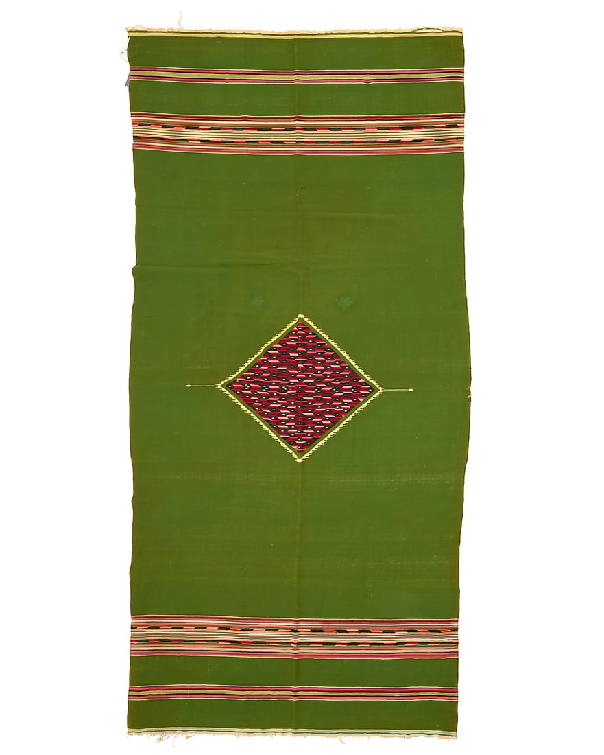 A Mexican Post-Maximilian Period sarape: A Mexican Post-Maximilian Period sarape Circa 1875-1885 Finely woven in deep green and multicolored floss wool with a central delicately serrated aggregate-style diamond and multiple banded stripe mot