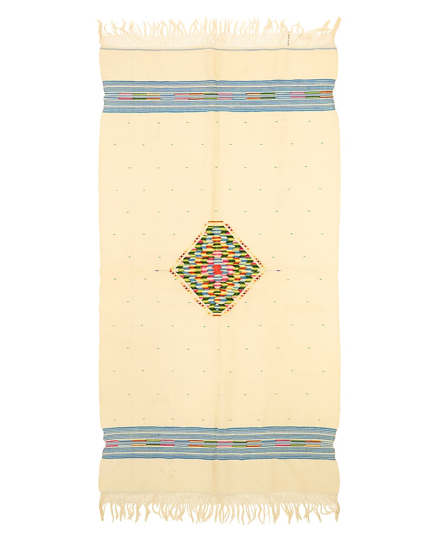 A Mexican Post-Maximilian sarape: A Mexican Post-Maximilian sarape Circa 1875-1885 Woven in fine cream wool with an elaborate multicolored aggregate-style central diamond, scattered green ticking to the central field, and blue and mul