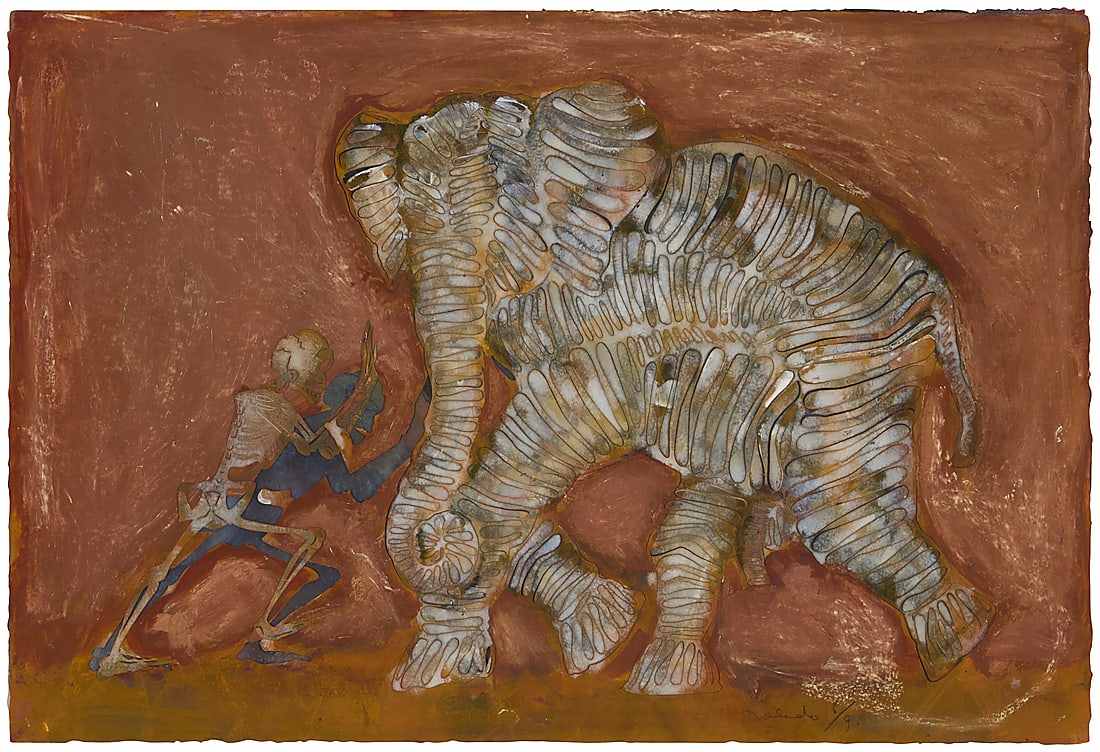 Francisco Toledo (1940-2019, Mexican), "Skeleton Pushing Elephant," 2011: Francisco Toledo (1940-2019, Mexican) "Skeleton Pushing Elephant," 2011 Unique oil and watercolor with laser-cut collage on wove papers Edition: 6/9 Signed and numbered in pencil lower right: Toledo; 