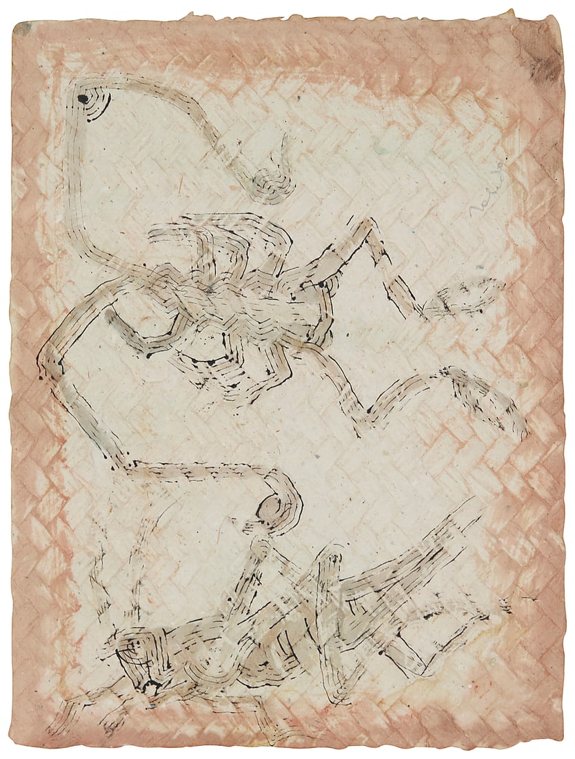 Francisco Toledo (1940-2019, Mexican), "Scorpion and Grasshopper," 1997: Francisco Toledo (1940-2019, Mexican) "Scorpion and Grasshopper," 1997 Watercolor and ink on petate textured handmade paper Signed upper right: Toledo; titled and dated on a gallery label affixed to t