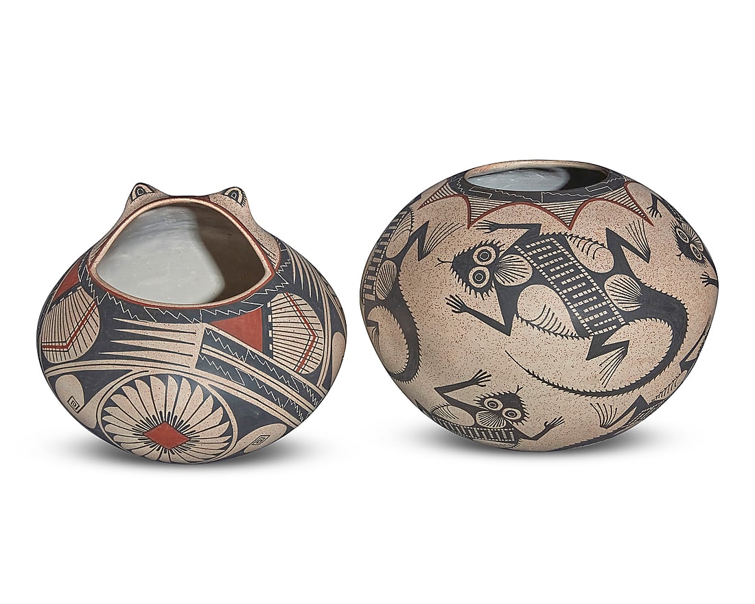 Roberto Banuelos (b. 20th century, Mata Ortiz), Two polychrome pottery jars, late 20th century: Roberto Banuelos (b. 20th century, Mata Ortiz) Two polychrome pottery jars, late 20th century Each incised: Roberto Banuelos Each red and black on red speckled cream slip ground, comprising one effigy