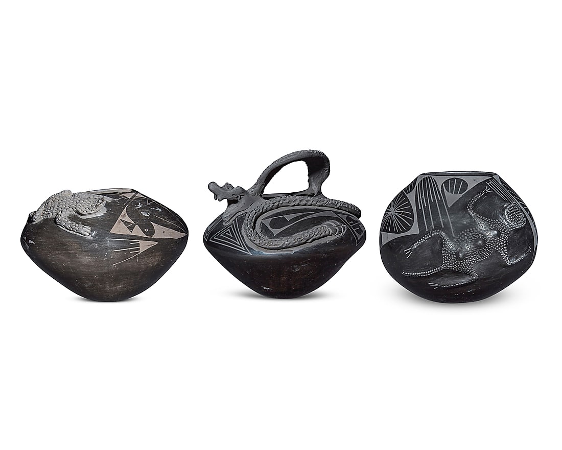 Three Mata Ortiz blackware pottery reptile effigy jars (1 of 16)