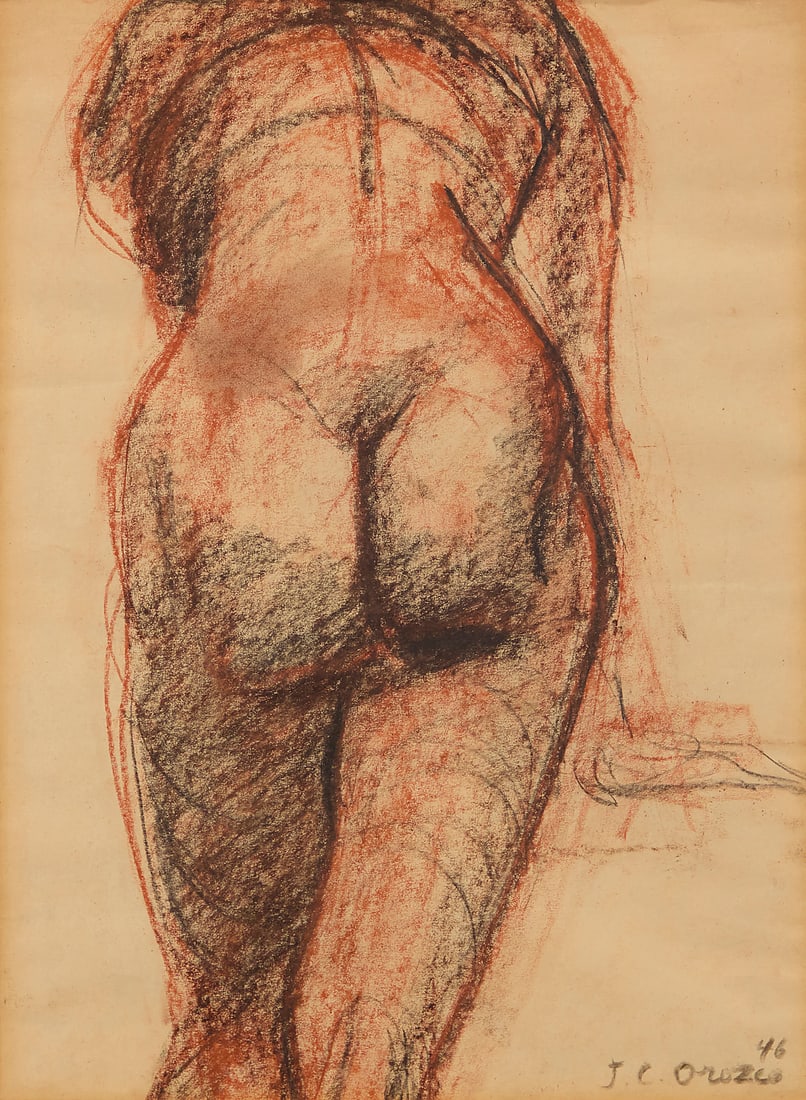 Jose Clemente Orozco (1883-1949, Mexican), "Nude," 1946: Jose Clemente Orozco (1883-1949, Mexican) "Nude," 1946 Conte crayon on paper Signed and dated lower right: J.C. Orozco / 46; titled on a gallery label affixed to the frame's backing paper Sheet: 18.75