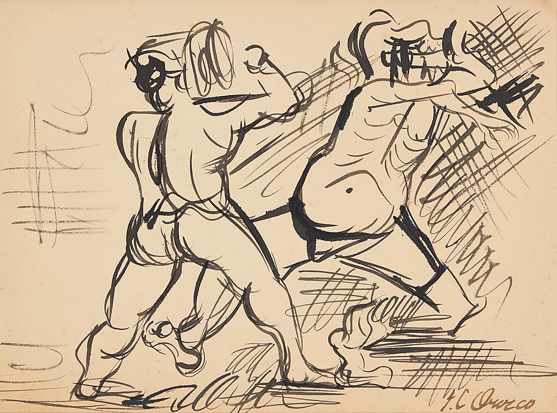Jose Clemente Orozco (1883-1949, Mexican), Untitled (two figures): Jose Clemente Orozco (1883-1949, Mexican) Untitled (two figures) Ink on paper Signed lower right: J.C. Orozco; inscribed indistinctly in pencil, verso Sheet: 9.875" H x 13.5" W Provenance: Priva