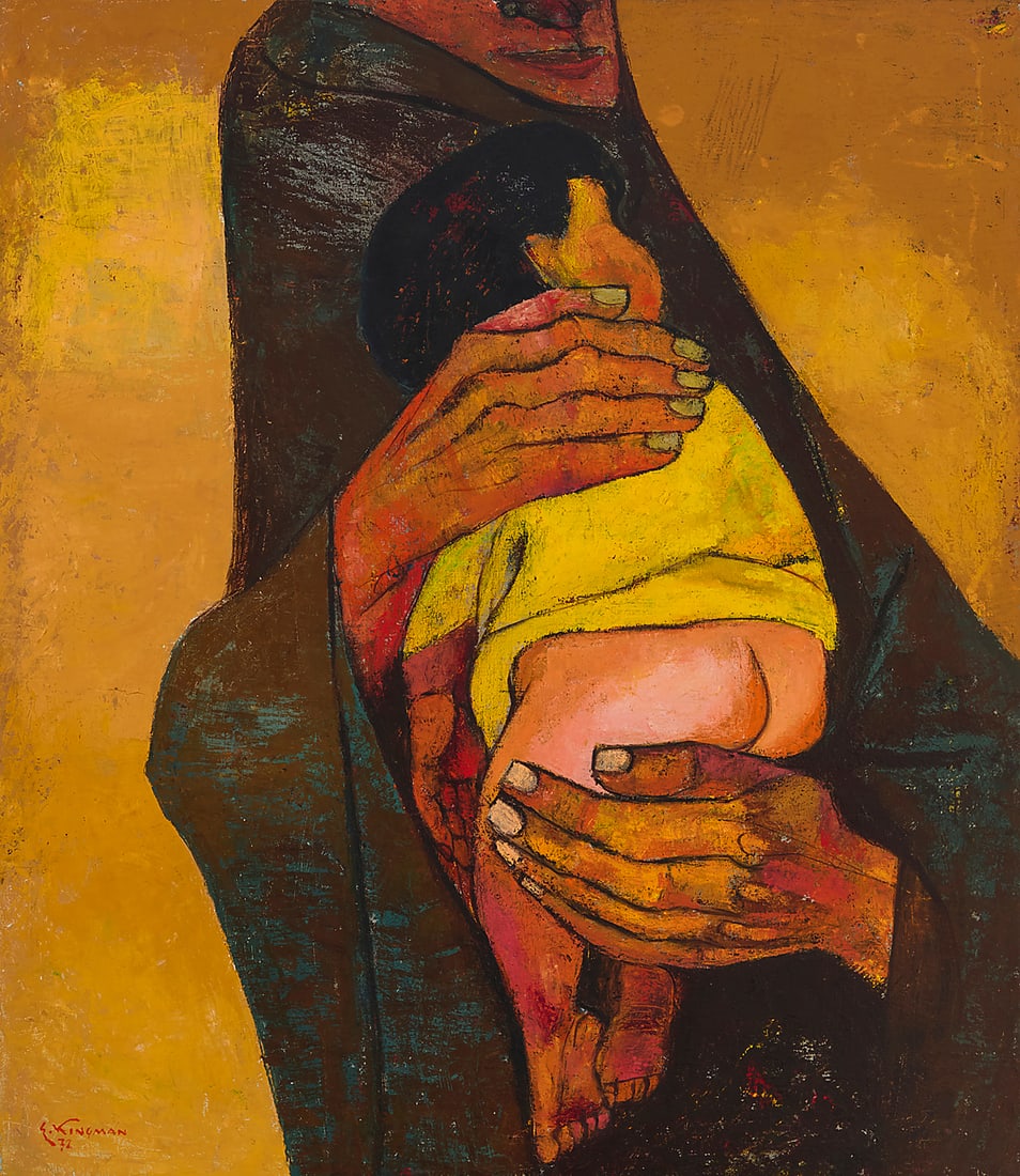 Eduardo Kingman (1913-1994, Ecuadorian), Figure with sleeping child, 1972: Eduardo Kingman (1913-1994, Ecuadorian) Figure with sleeping child, 1972 Oil on canvas Signed and dated lower left: E. Kingman / 72 27.25" H x 23.75" W Other notes: Painter, muralist and sculpto