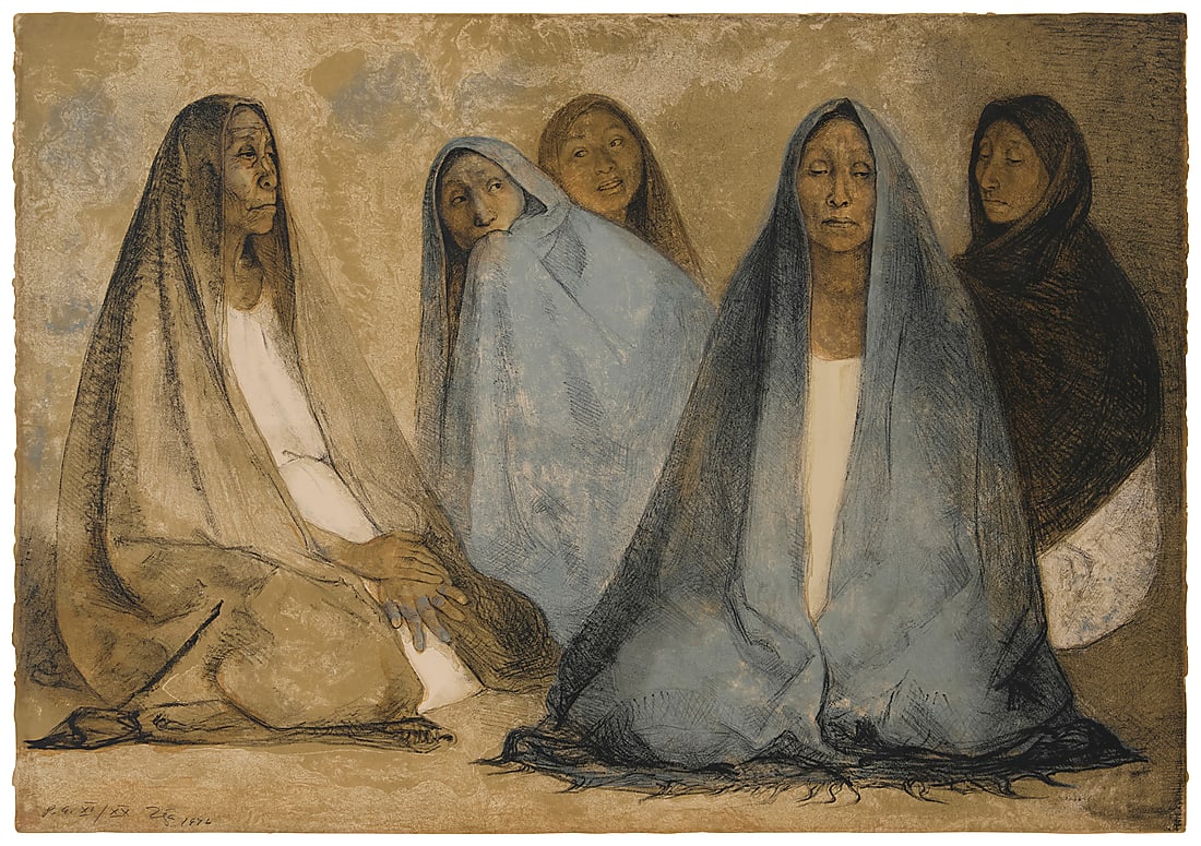 Francisco Zuniga (1912-1998, Mexican), “Grupo de Mujeres Sentadas II,?? 1976: Francisco Zuniga (1912-1998, Mexican) “Grupo de Mujeres Sentadas II,” 1976 Lithograph in colors on wove paper Edition: Artist's Proof XI/XX (aside from the edition of 125) Signed, dated, and n