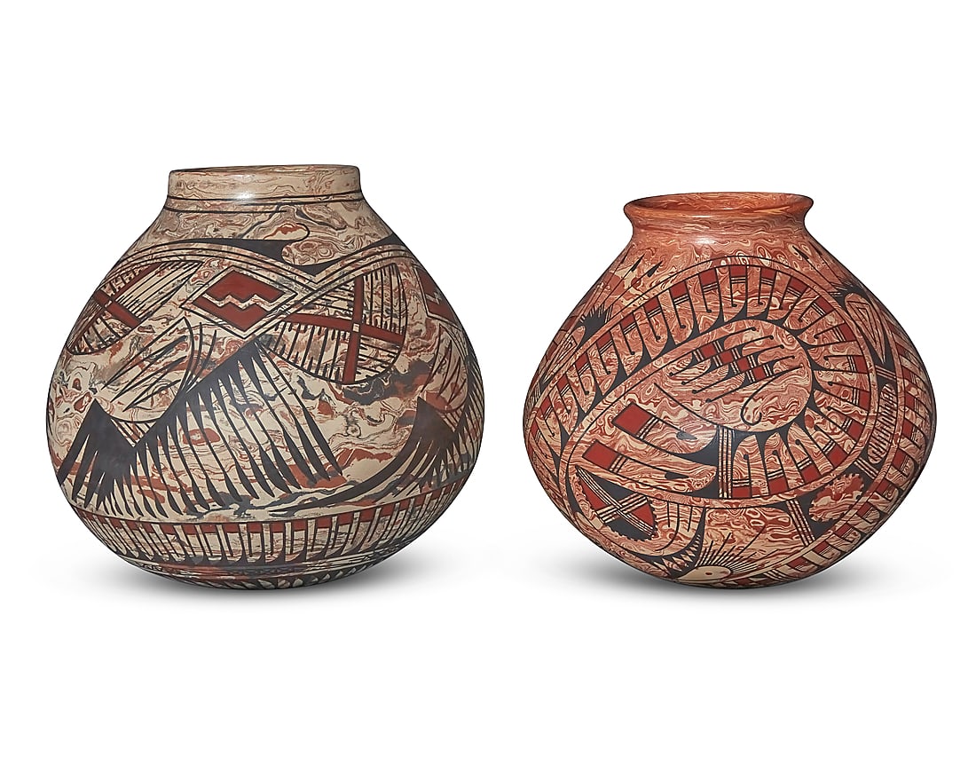 Two Mata Ortiz polychrome marbled pottery ollas: Two Mata Ortiz polychrome marbled pottery ollas Late 20th century One incised to underside: TITO ENRIQUEZ; the other signed and dated: Rodrigo Perez / 99 Comprising one by Tito Enriquez (b. 1950) and 