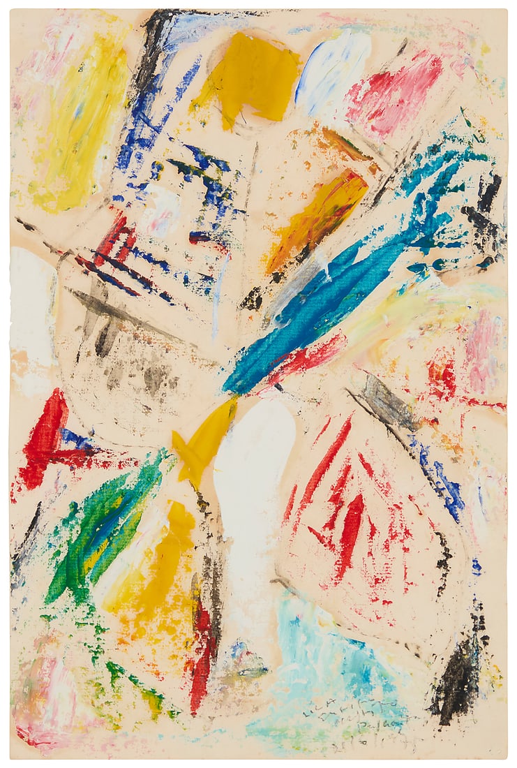 Esteban Lisa (1895-1983, Spanish/Argentinian), Abstract composition, 1975: Esteban Lisa (1895-1983, Spanish/Argentinian) Abstract composition, 1975 Oil on paper Signed, dated, and indistinctly inscribed lower right: Lisa / 21/6/1975 Image/Sheet: 13.375" H x 8.625" W Other n