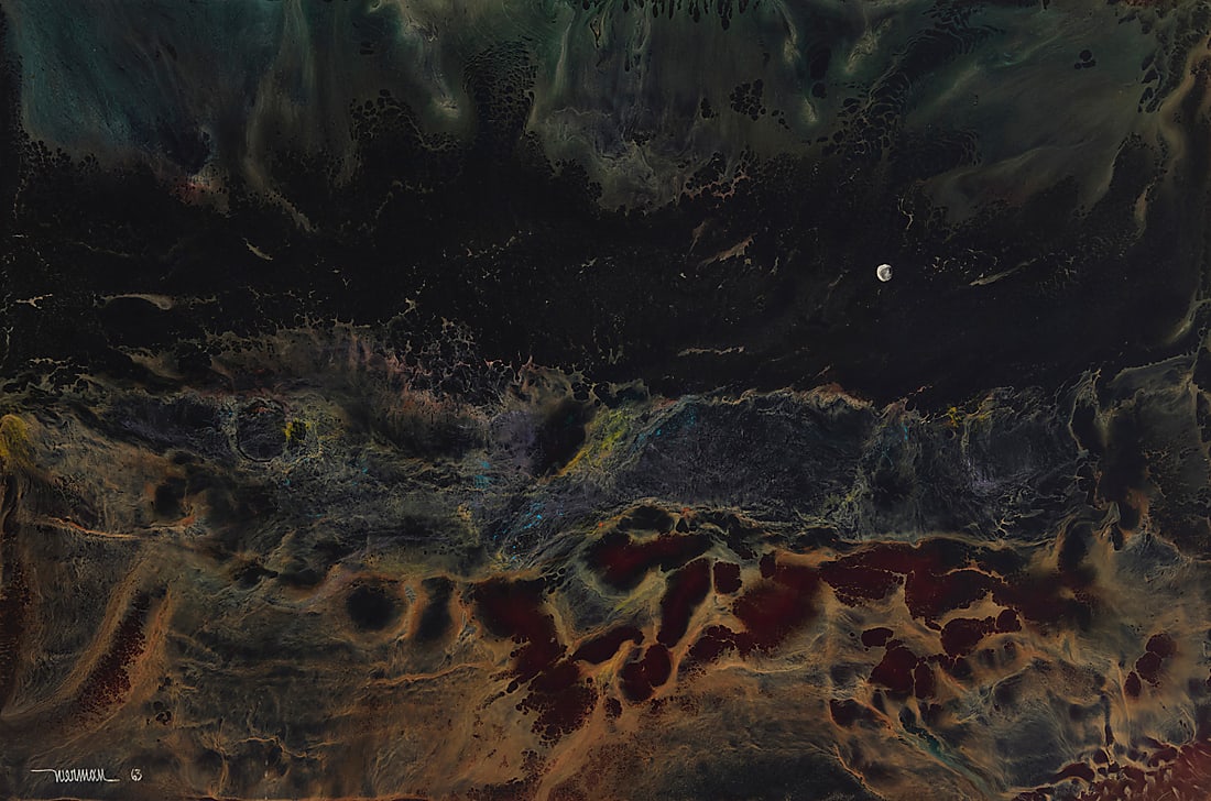Leonardo Nierman (1932-2023, Mexican), "Moonlight," 1963: Leonardo Nierman (1932-2023, Mexican) "Moonlight," 1963 Oil on Masonite Signed and dated lower left: Nierman 63; titled by repute 15.875" H x 23.75" W Provenance: Sold: John McInnis Auctioneers,