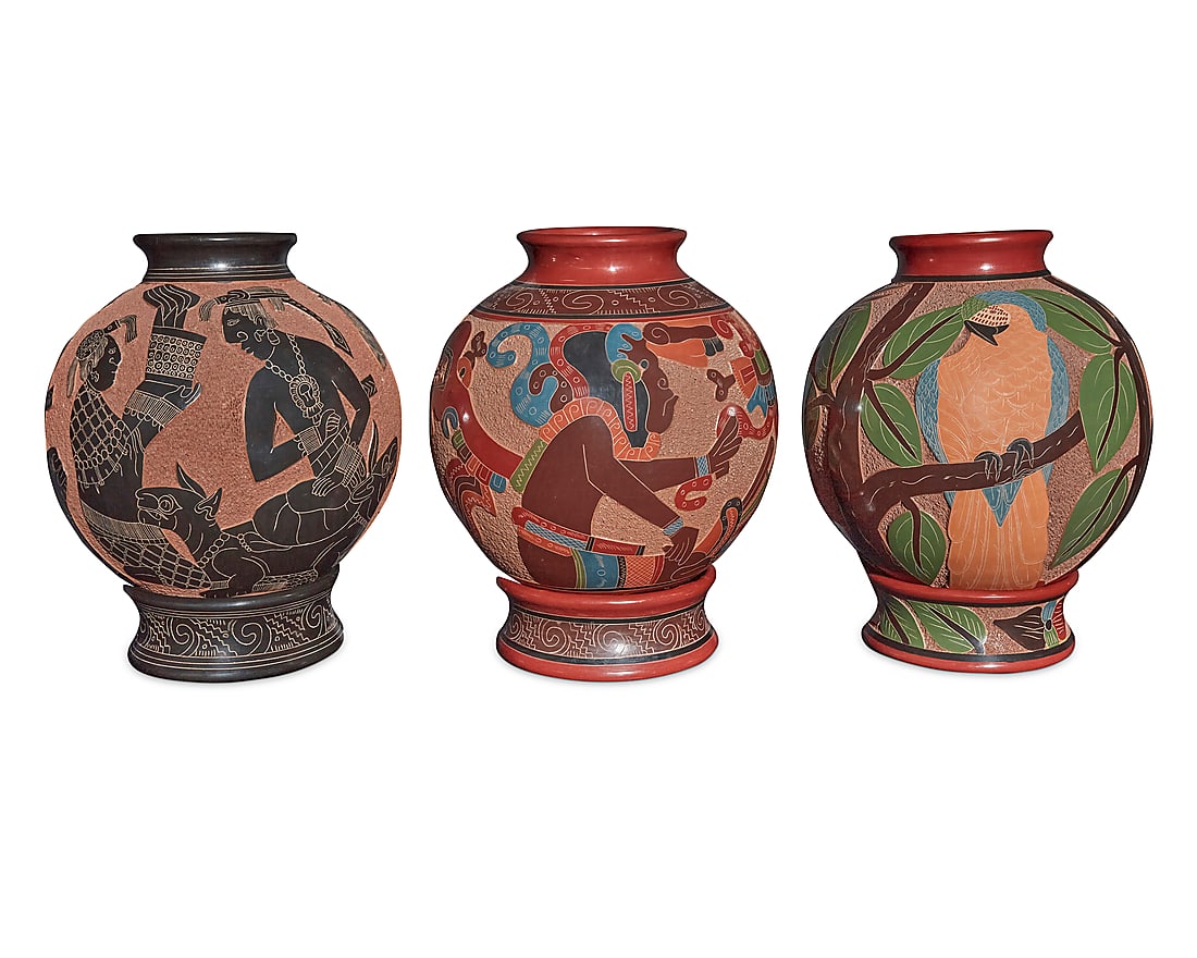 Roger Calero (b. 1969, Nicaraguan), Three sgraffito pottery ollas, late 20th/early 21st century (1 of 10)
