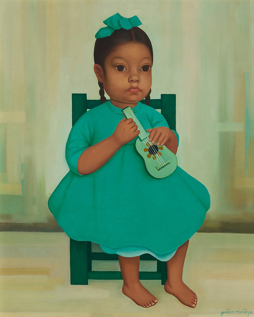 Gustavo Montoya (1905-2003, Mexican), "Nina con mandolina" from the series "Ninos Mexicanos": Gustavo Montoya (1905-2003, Mexican) "Nina con mandolina" from the series "Ninos Mexicanos" Oil on canvas Signed lower right: gustavo montoya; titled by repute 22" H x 18" W Provenance: Sold: Pa