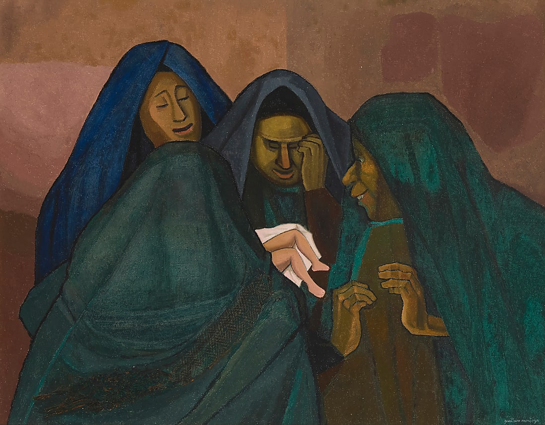 Gustavo Montoya (1905-2003, Mexican), "Viejas con Nino," 1970: Gustavo Montoya (1905-2003, Mexican) "Viejas con Nino," 1970 Oil and collaged textile on canvas Signed lower right: gustavo montoya 28" H x 36" W Provenance: Collection of Bernard Lewin, Palm Sp