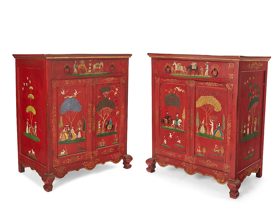 A pair of Mexican Olinala folk art painted cabinets: A pair of Mexican Olinala folk art painted cabinets 20th century Each signed to front: Corona; one inscribed: Cita Ramelli; another inscribed, possibly reading: Idita Ramelli The red lacquered cabinet