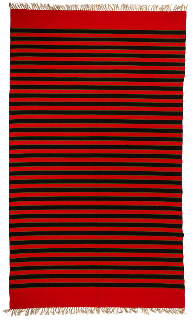 A Mexican banded sarape: A Mexican banded sarape Mid/late 20th century Woven in wool with a red ground and black and green striped banding, with cotton/linen knotted fringing 93.25" H x 54.75" W approximately (excluding fring