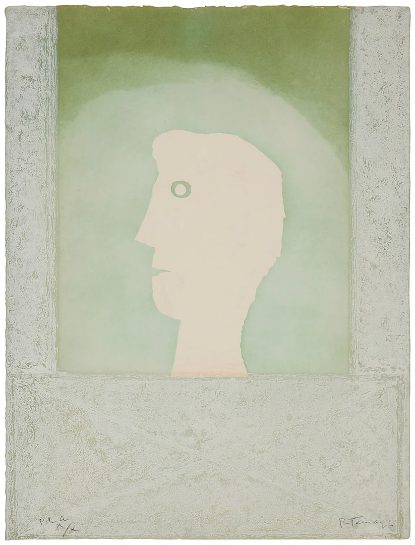 Rufino Tamayo (1899-1991, Mexican), "Cabeza en la Ventana" from the "16 Aguafuertes" series, 1976: Rufino Tamayo (1899-1991, Mexican) "Cabeza en la Ventana" from the "16 Aguafuertes" series, 1976 Etching in colors on handmade Guarro paper Edition: P de a X/X (aside from the edition of 75) Signed an