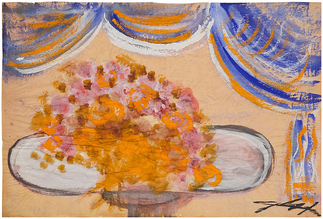 Jesus Reyes (Chucho) Ferreira (1882-1977, Mexican), "Flores," circa 1963: Jesus Reyes (Chucho) Ferreira (1882-1977, Mexican) "Flores," circa 1963 Tempera on tissue-thin Chinese paper Signed lower right: J. Reyes Ferreira; titled and dated on a typed label affixed to the fra