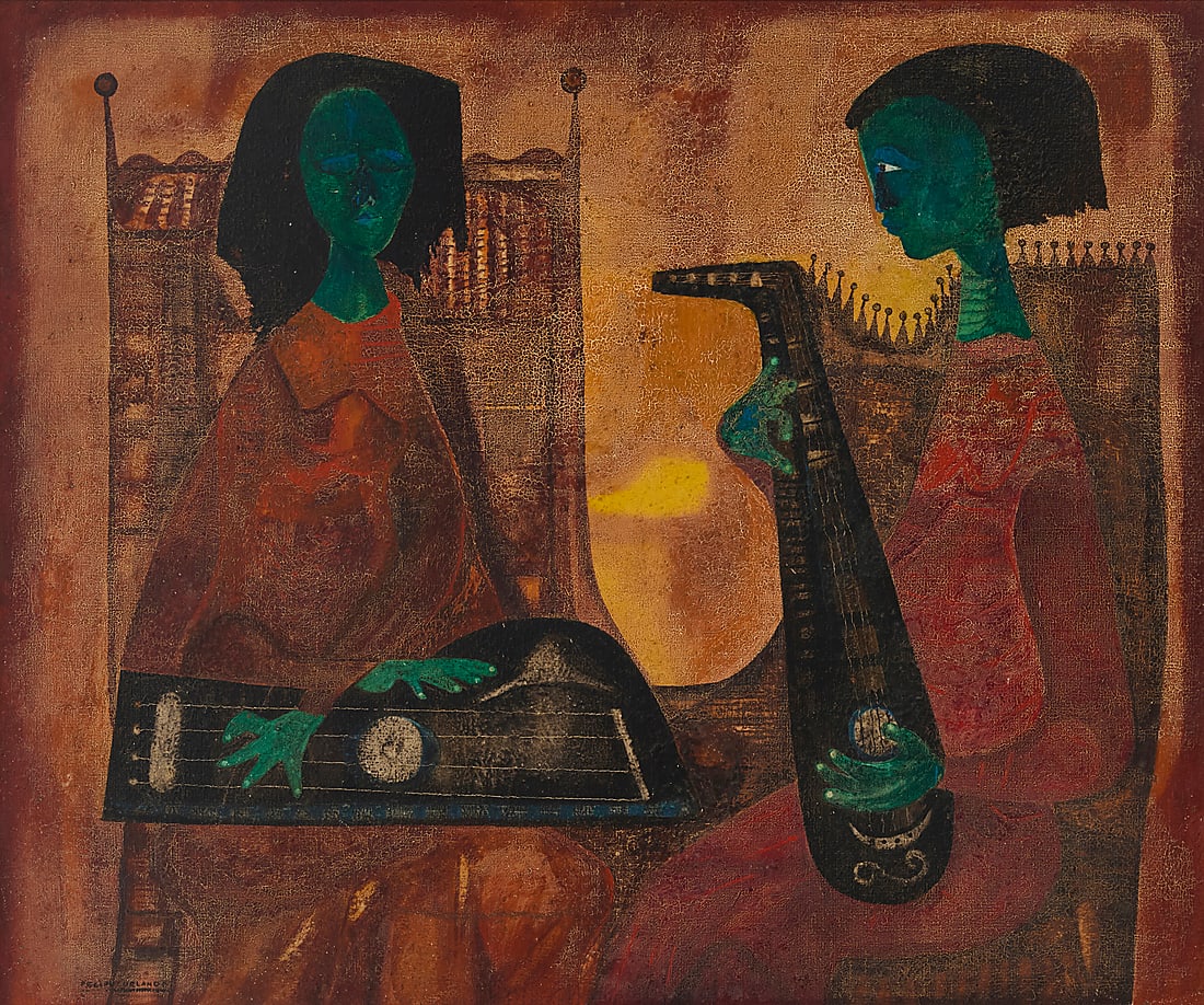 Felipe Orlando (1911-2001, Cuban), "Sonata," 1956: Felipe Orlando (1911-2001, Cuban) "Sonata," 1956 Oil on burlap Signed lower left: Felipe Orlando; signed again, titled, and dated "1956" in black on the verso and on the stretcher; inscribed indistinc