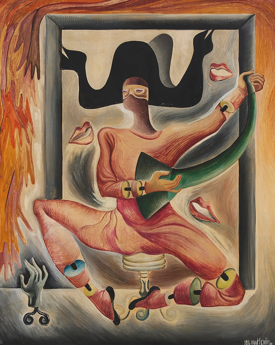 Jose Maria de Servin (1917-1983, Mexican), Harlequin guitarist: Jose Maria de Servin (1917-1983, Mexican) Harlequin guitarist Oil on canvas Signed lower right: Jose Ma. D'Servin 39.5" H x 31.5" W