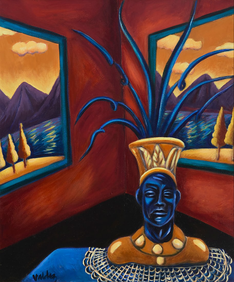 Patssi Valdez (b. 1951, Mexican-American), "Black Vase," 2002: Patssi Valdez (b. 1951, Mexican-American) "Black Vase," 2002 Oil on canvas Signed lower left: Valdez; titled and dated "2002" in green pencil, verso 24" H x 20" W