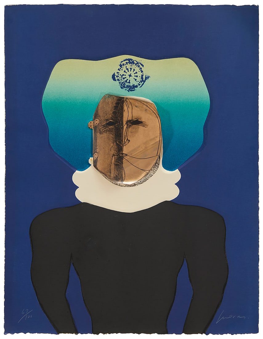 Jose Luis Cuevas (1934-2017, Mexican), "La Mascara," from the "Homage to Quevedo" portfolio, 1969: Jose Luis Cuevas (1934-2017, Mexican) "La Mascara," from the "Homage to Quevedo" portfolio, 1969 Lithograph in colors with lithographed mylar collage on wove paper Edition: 67/100 Signed and numbered 