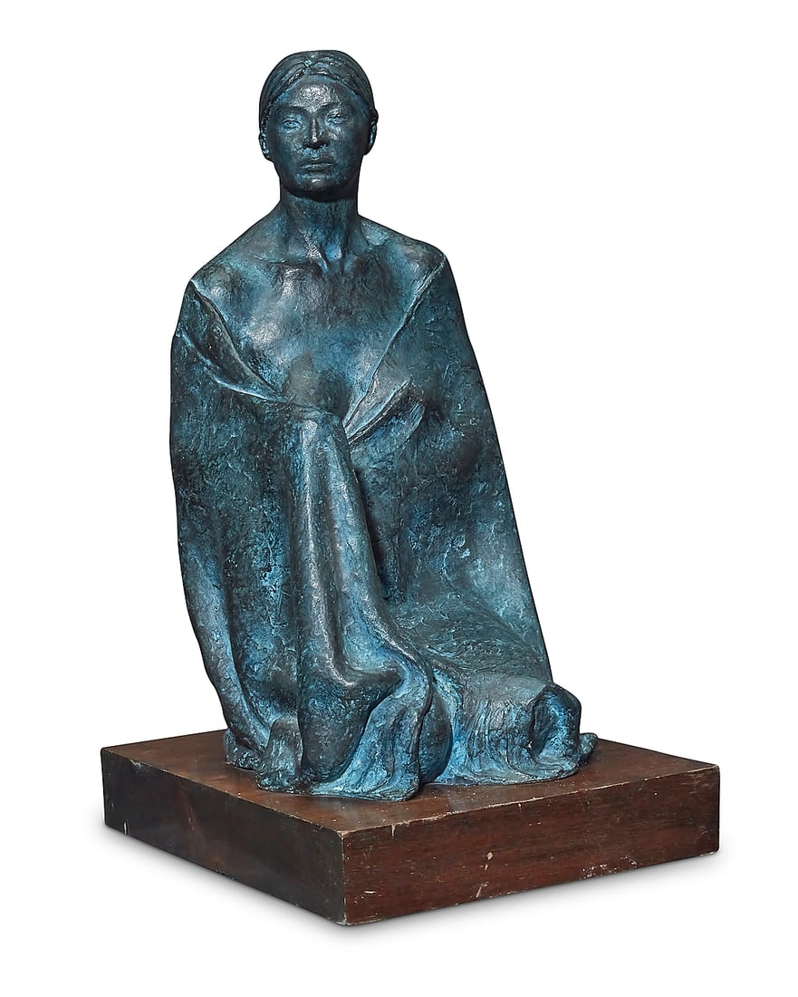 Felipe Castaneda (b. 1933, Mexican), "Mujer con Reboso," 1982: Felipe Castaneda (b. 1933, Mexican) "Mujer con Reboso," 1982 Patinated bronze on wood plinth Edition: IV/XII Signed and dated on the underside: F. Castaneda / 1982 Bronze: 16.25" H x 8" W x 10.25" D; 
