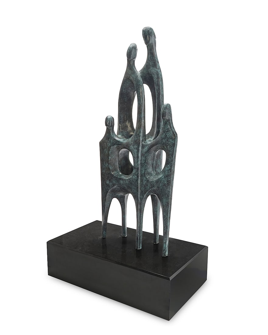 Eduardo Rivera Montiel (20th Century, Mexican), Familia, 1990: Eduardo Rivera Montiel (20th Century, Mexican) Familia, 1990 Verdigris patinated bronze on stone clad plinth Edition: I/VI Signed, dated, and numbered on the rear underside: E. Montiel / 90 Bronze: 66