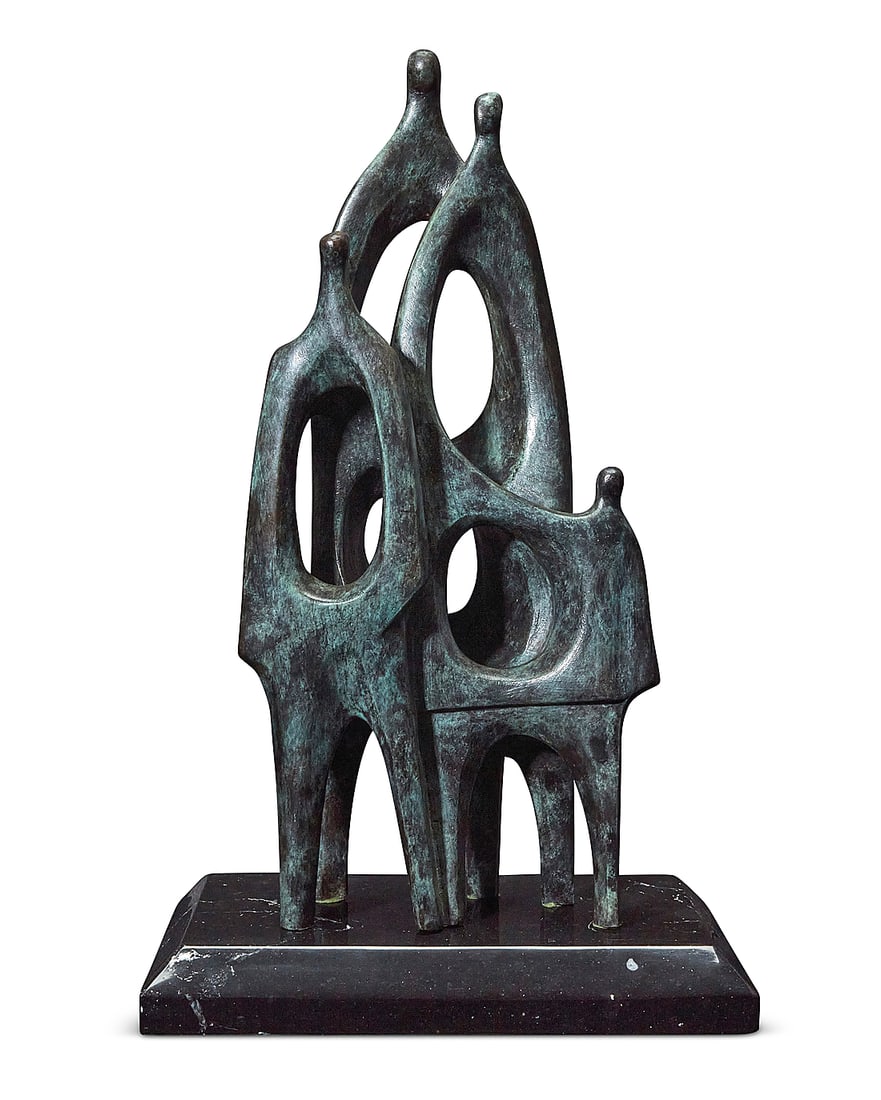 Eduardo Rivera Montiel (20th Century, Mexican), Familia, 1985: Eduardo Rivera Montiel (20th Century, Mexican) Familia, 1985 Verdigris patinated bronze on black marble plinth Edition: III/X Signed and numbered in the casting: E. Montiel Bronze: 18.5" H x 8.75" W x