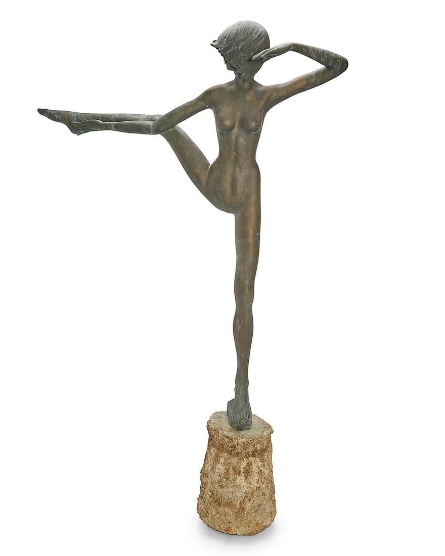 Victor Salmones (1937-1989, Mexican), Girl Dancing: Victor Salmones (1937-1989, Mexican) Girl Dancing Verdigris patinated bronze on subterranean concrete base Edition: 2/10 Signed and numbered in the casting: VICTOR SALMONES Bronze: 69.75" H x 54.5" W 