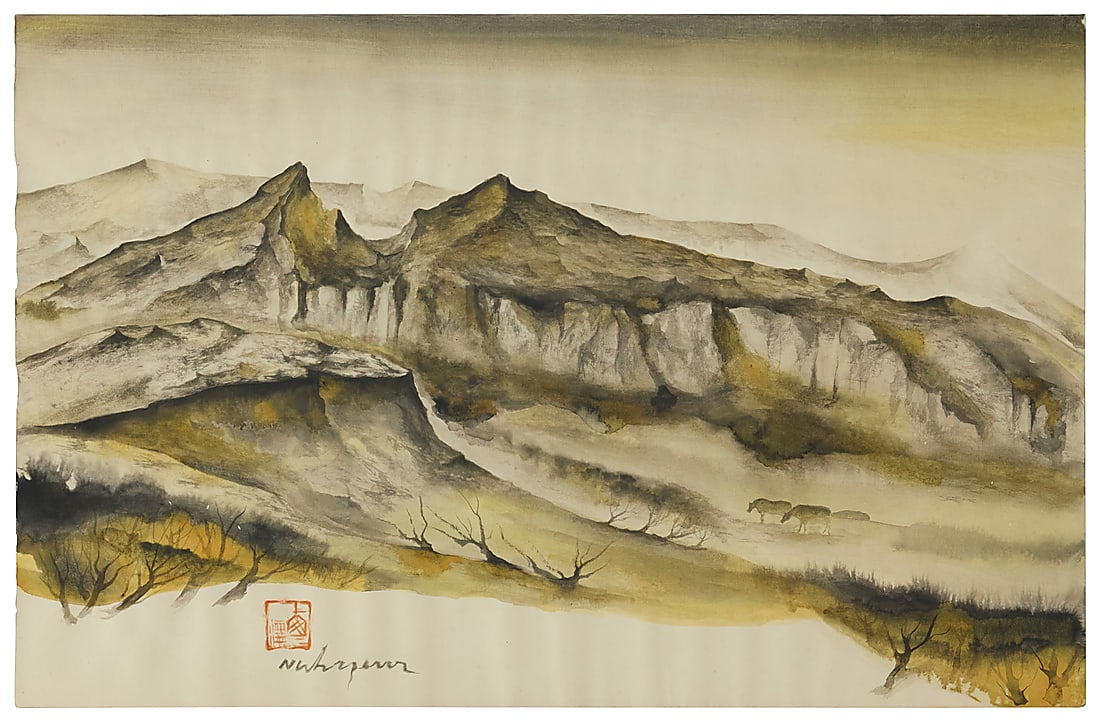 Luis Nishizawa Flores (1918-2014, Mexican), Landscape with mountains and cows: Luis Nishizawa Flores (1918-2014, Mexican) Landscape with mountains and cows Watercolor on paper Signed and with the artist's seal lower left: Nishizawa Sheet: 15" H x 23.375" W Provenance: Priv